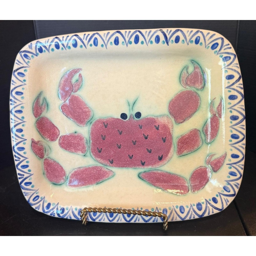 Alaska Maury Studio Art Pottery Platter Pink Crab Coastal Hand Painted Signed